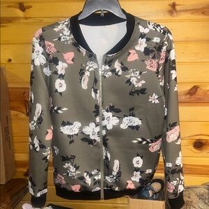 Floral Bomber Jacket - Olive, Pink, and White